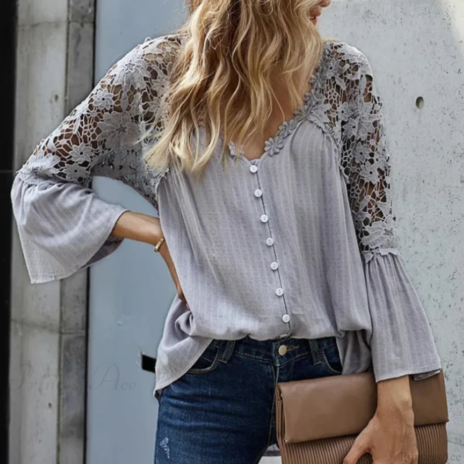 Hollow Out Deep V-Neck Flare Sleeve Boho Blouse bohoblouse-250126