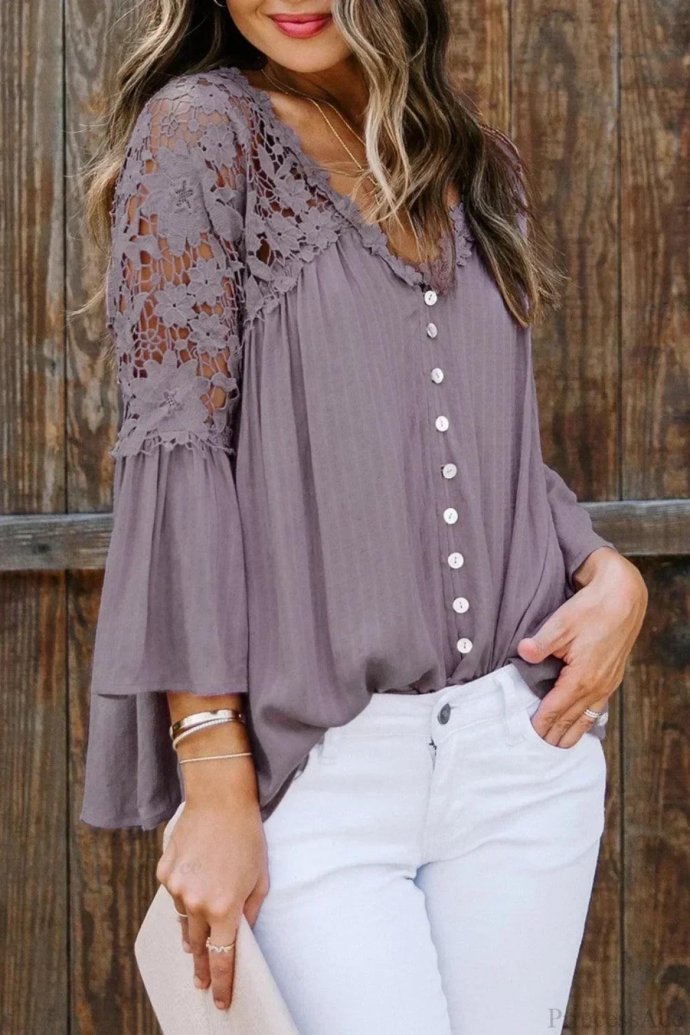 Hollow Out Deep V-Neck Flare Sleeve Boho Blouse Purple / S bohoblouse-250126