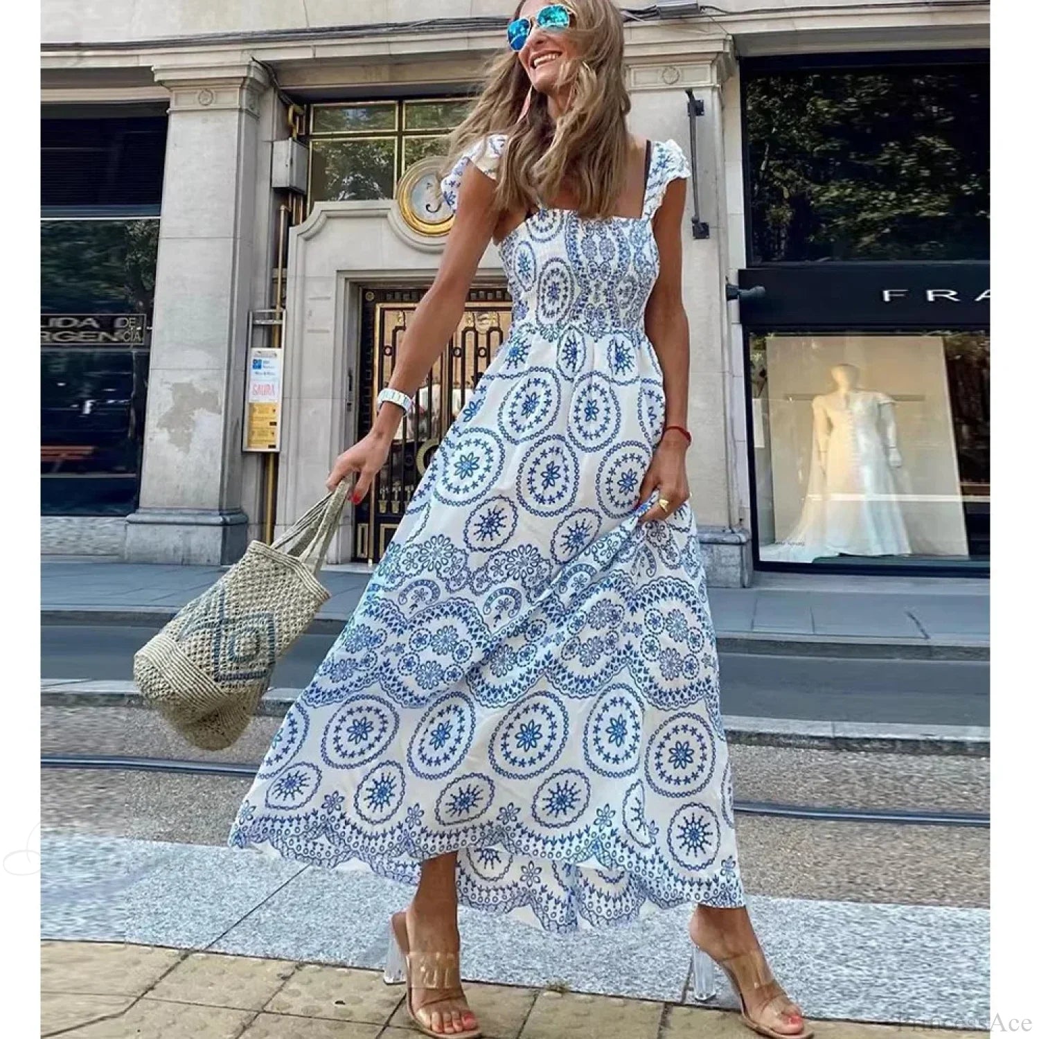 Hollow Out Floral Embroidery Flying Sleeve Dress SKY BLUE / S bohodress-250126