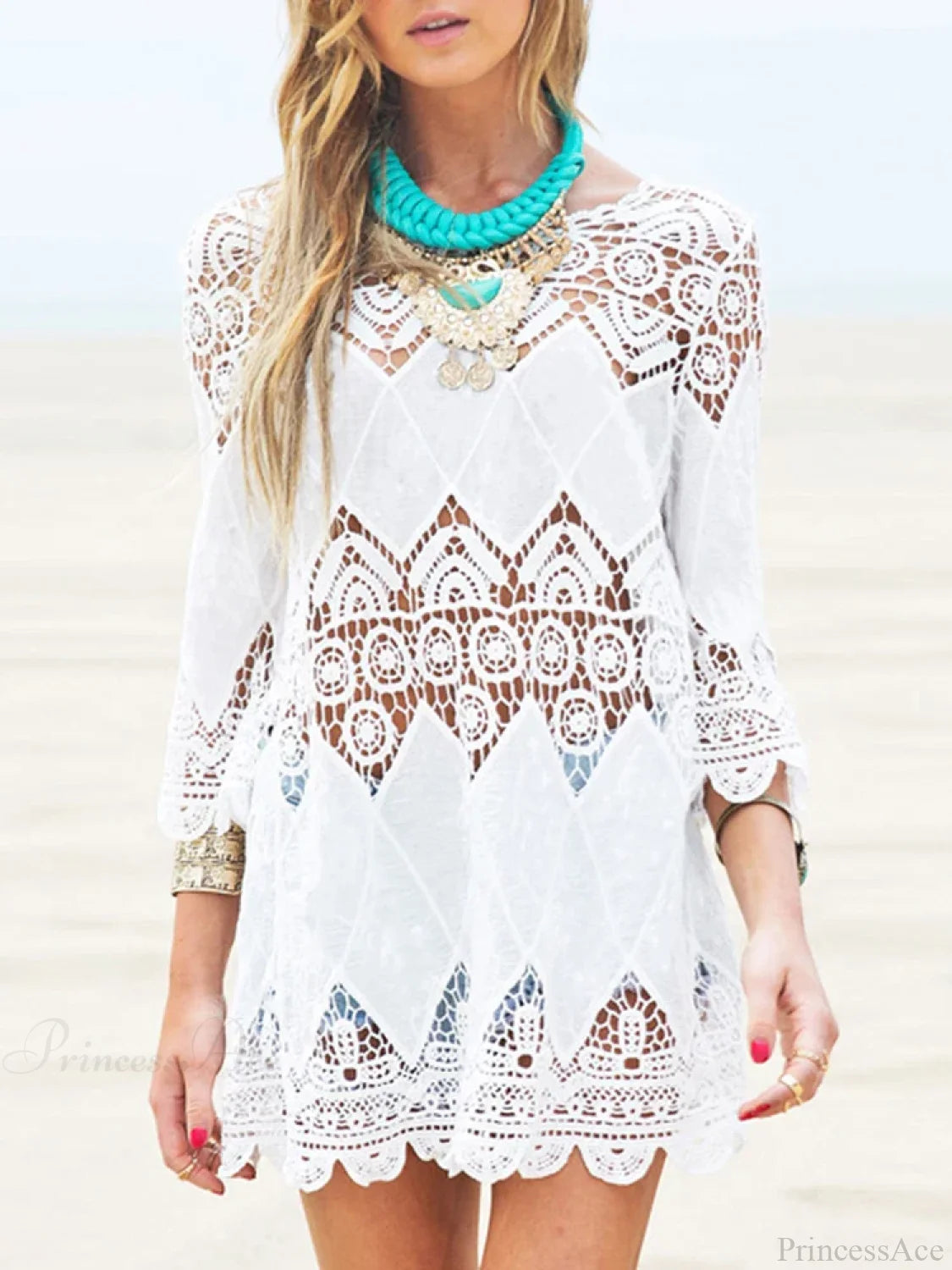 Hollow Out Half Sleeve Beach Cover Up WHITE / One Size