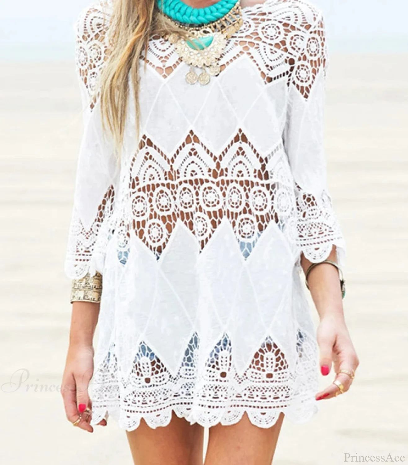 Hollow Out Half Sleeve Beach Cover Up WHITE / One Size