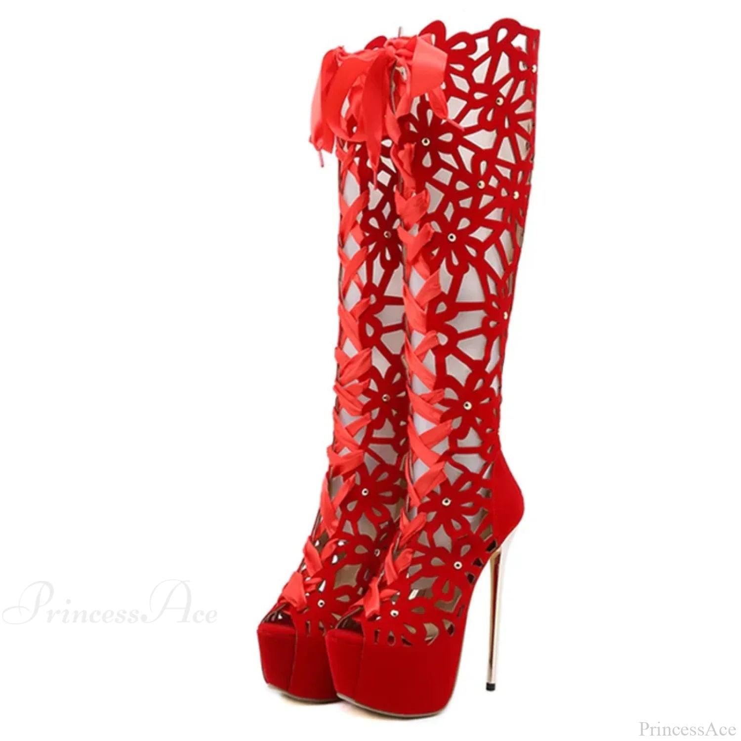 Hollow-Out Lace-Up Platform Knee-High Sexy Sandals Cross-Tie Peep-Toefashionable High Heel Red / 35
