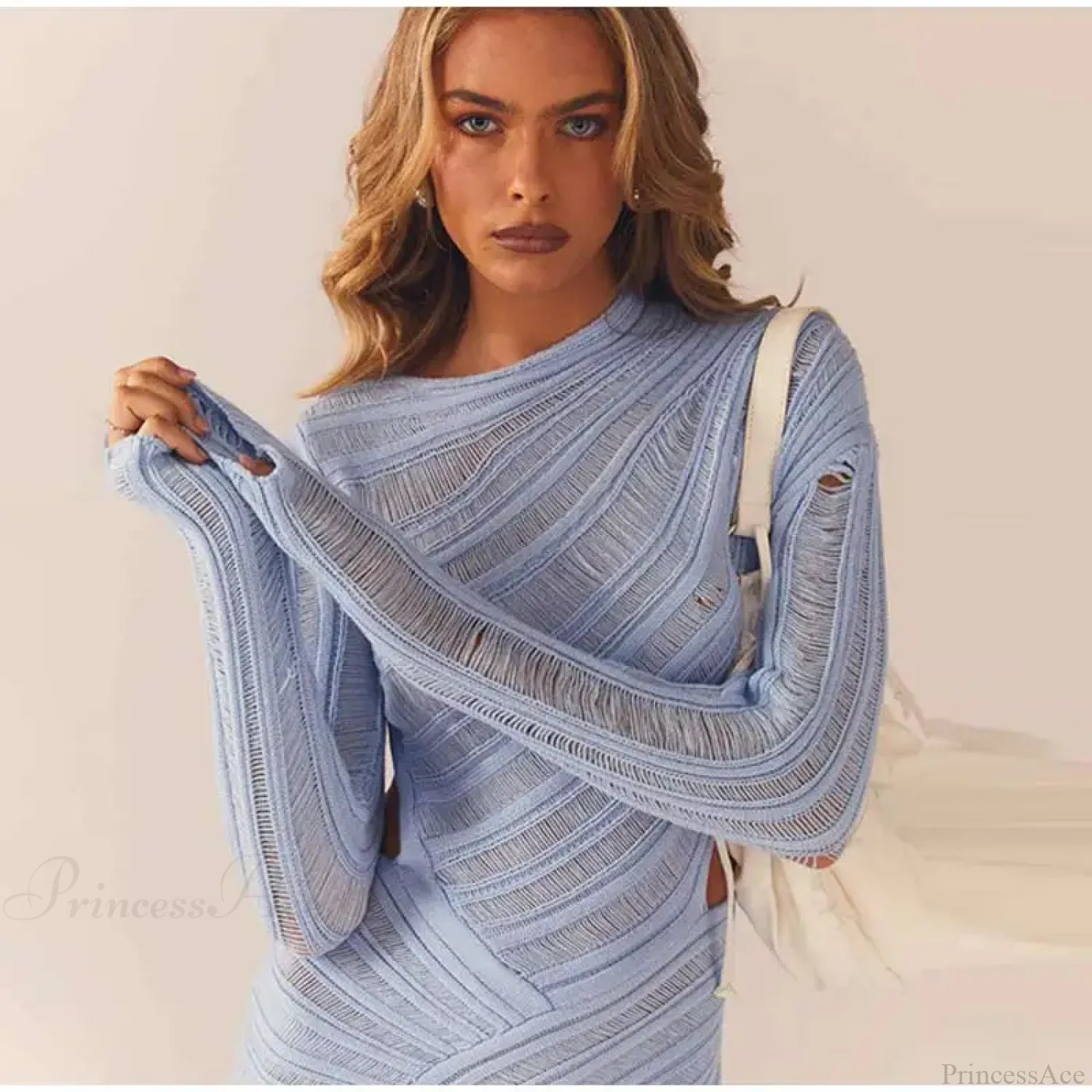 Hollow Out Long Sleeve Knitted Slim Mini Dress Light Blue / S