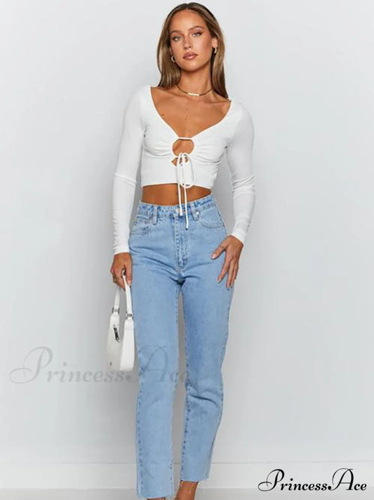Hollow Out Long Trendy Sleeve Knit Crop Top Tops
