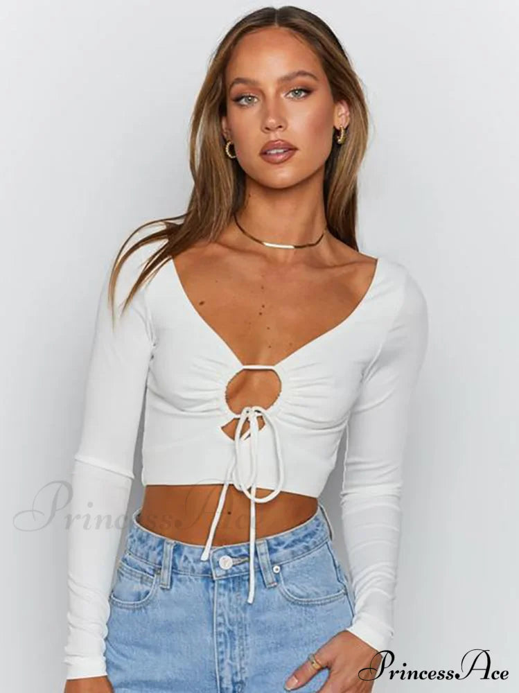 Hollow Out Long Trendy Sleeve Knit Crop Top White / L Tops