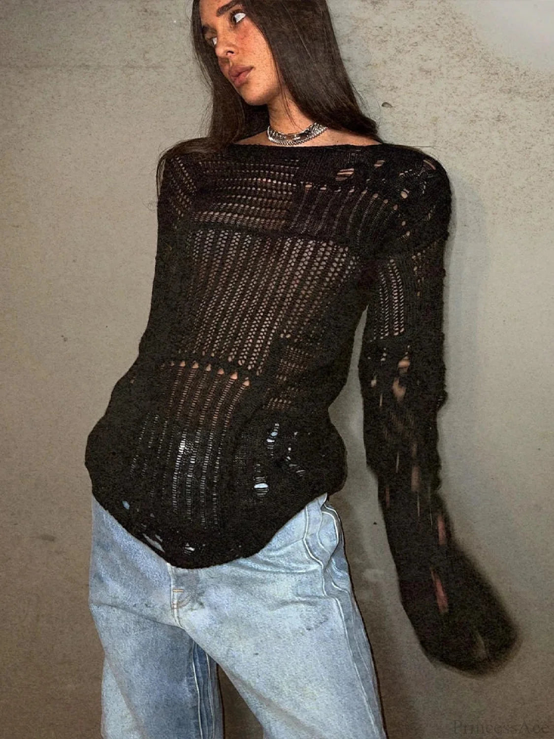 Hollow Out Loose O-Neck Long Sleeve Knitted Pullover Sweater Black / S knittop-250126