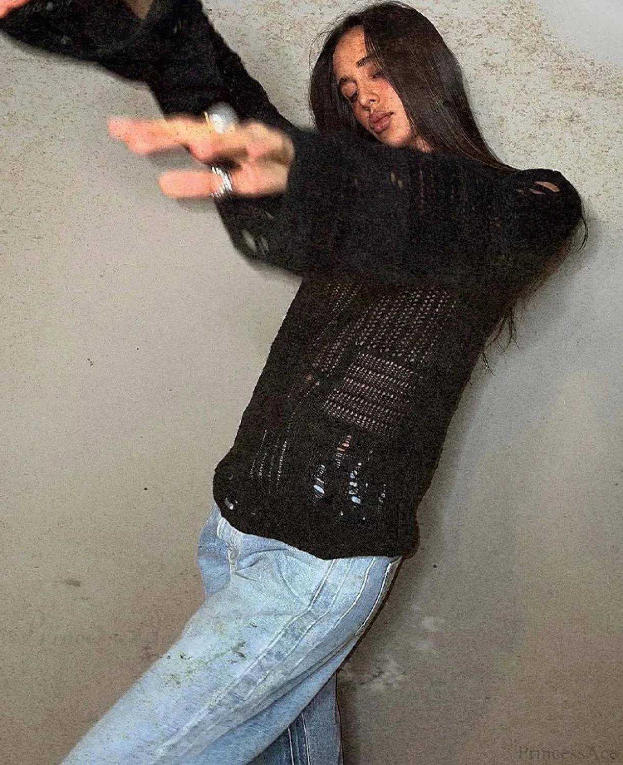 Hollow Out Loose O-Neck Long Sleeve Knitted Pullover Sweater knittop-250126