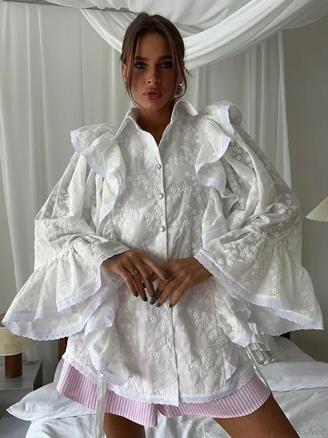 Hollow Out Lotus Leaf Edge White Blouse blouse-250223