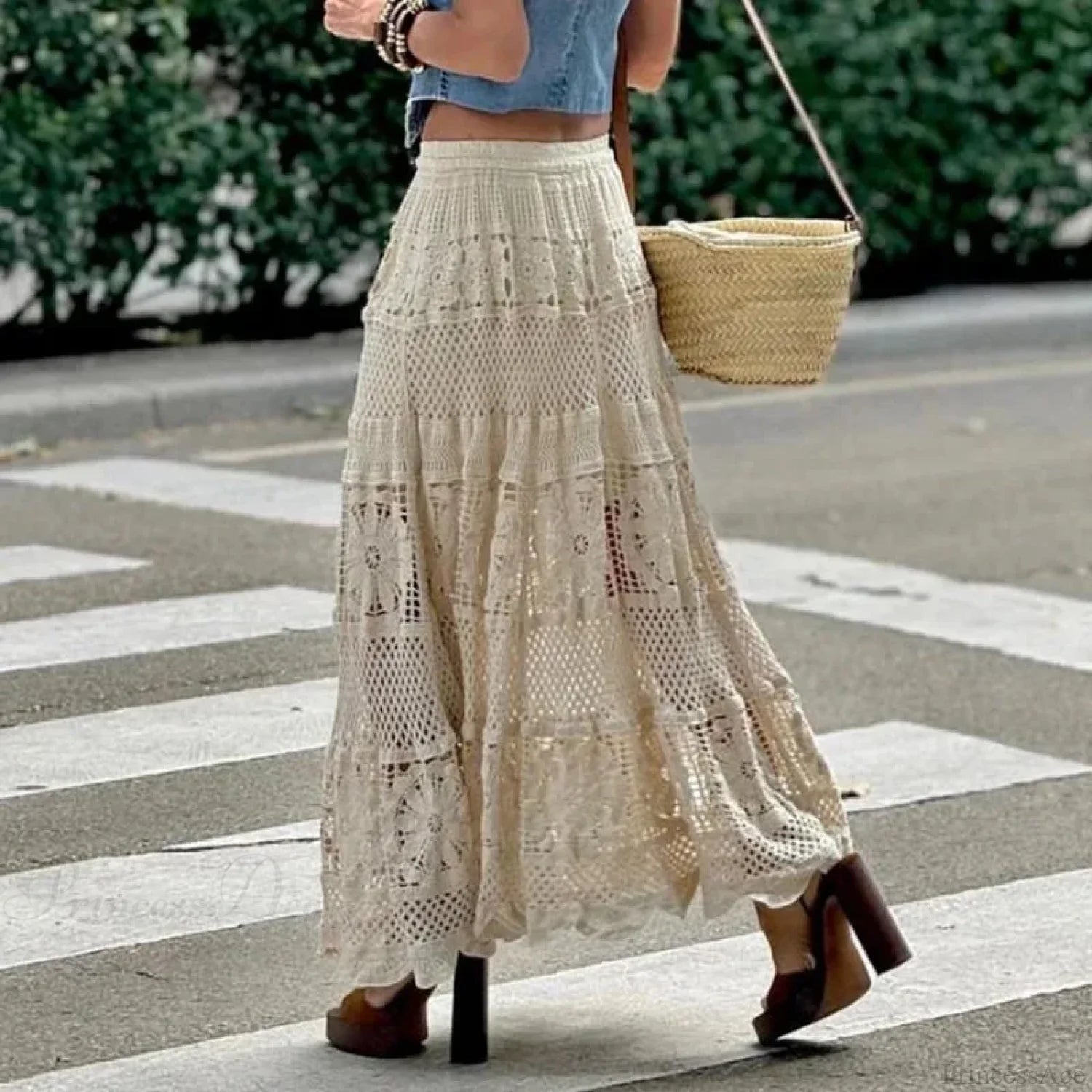 Hollow Out Maxi Skirt Solid Color A-line Hook Romantic Holiday Beige / One Size