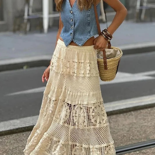 Hollow Out Maxi Skirt Solid Color A-line Hook Romantic Holiday Beige / One Size