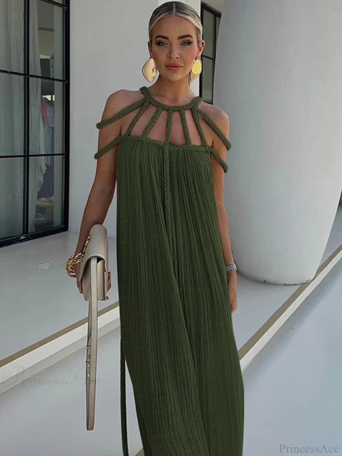 Hollow Out Sleeveless Beach Cover Up Dark Green / One Size