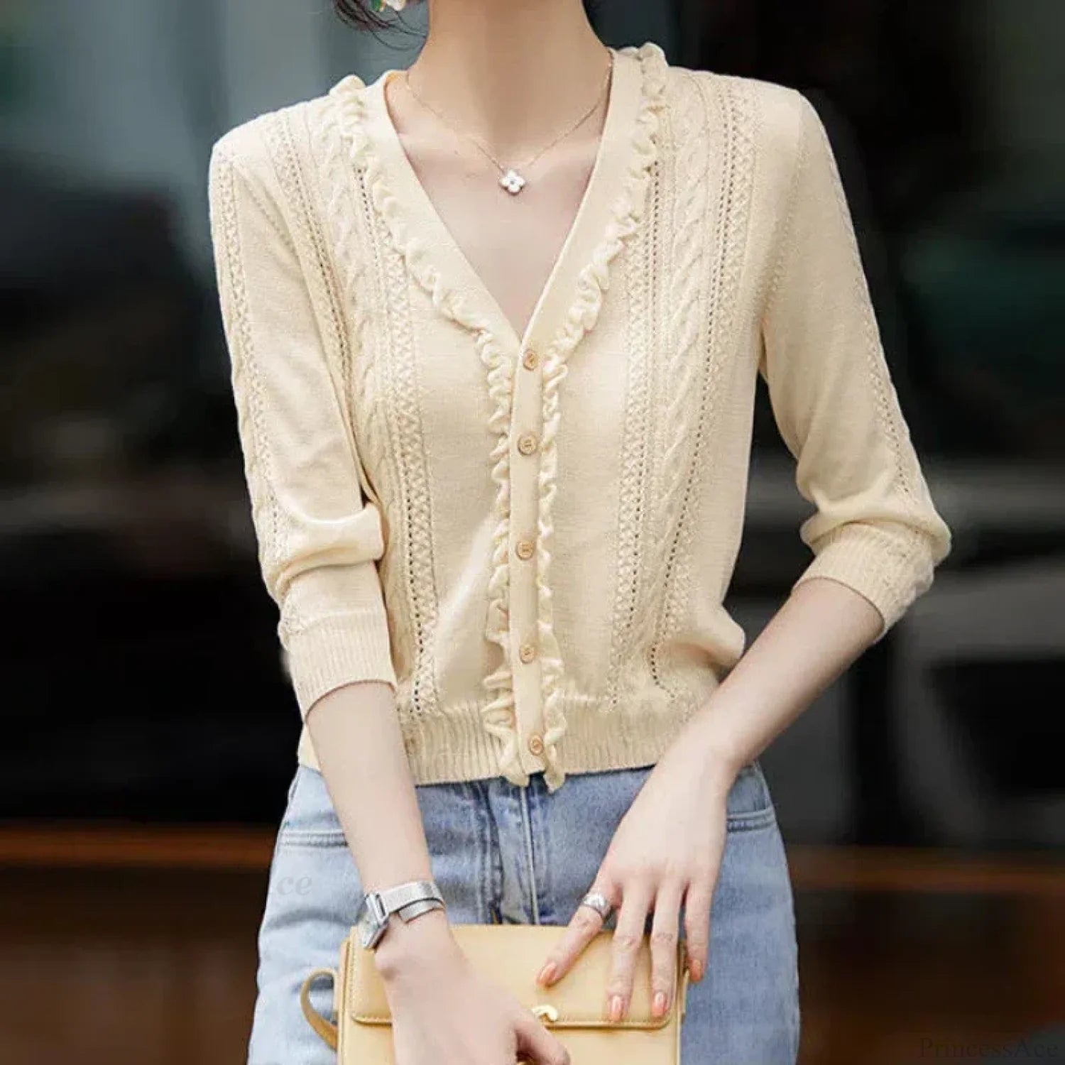 Hollow Out V-Neck Button Knit Cardigan