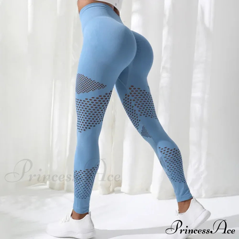 Hollow Stripe Gym Yoga Sports Female Clothing Legging Blue / S