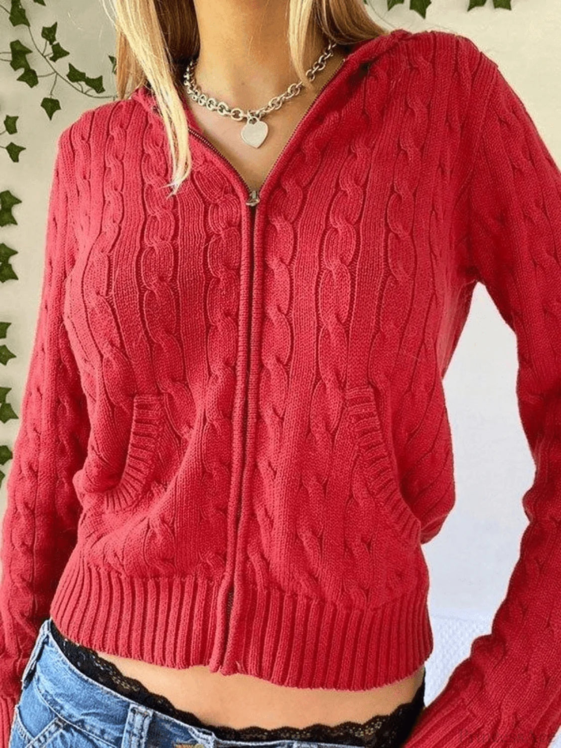 Hooded Button Graceful Front Knit Cardigan Red / S Sweaters