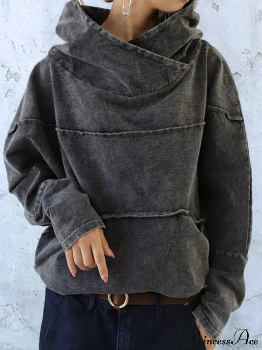 Hooded Effect Color Denim Washed Solid Sweatshirt