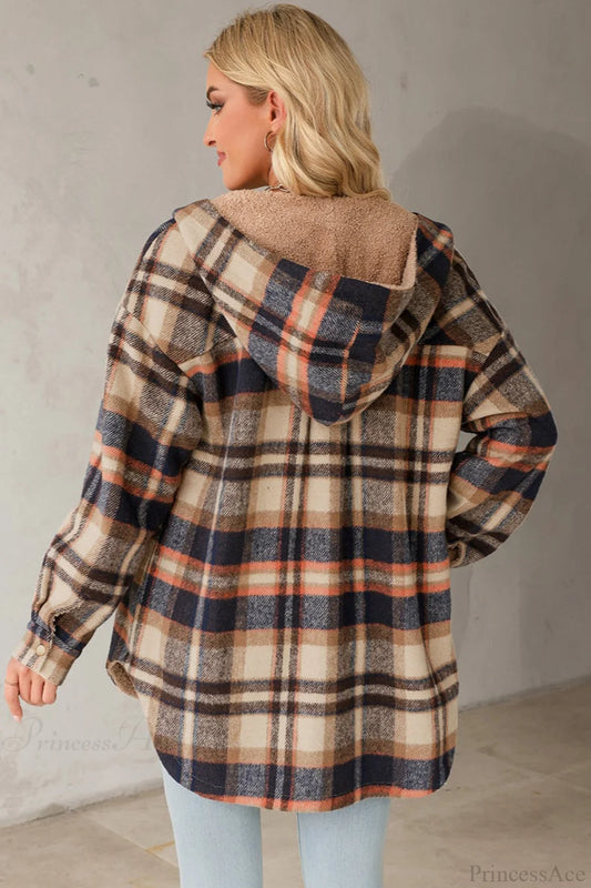 Hooded Long Sleeve Plaid Print Fleece Lined Coat