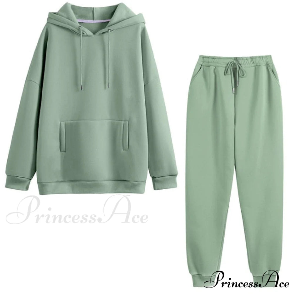 Hoodie Jogger And Set With Women’s Tracksuit - Solid Oversized Fleece Autumn Pants Green / S