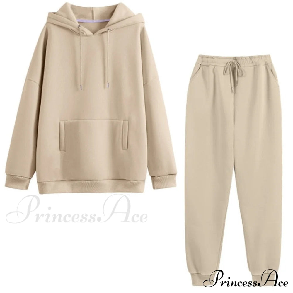 Hoodie Jogger And Set With Women’s Tracksuit - Solid Oversized Fleece Autumn Pants Khaki / S