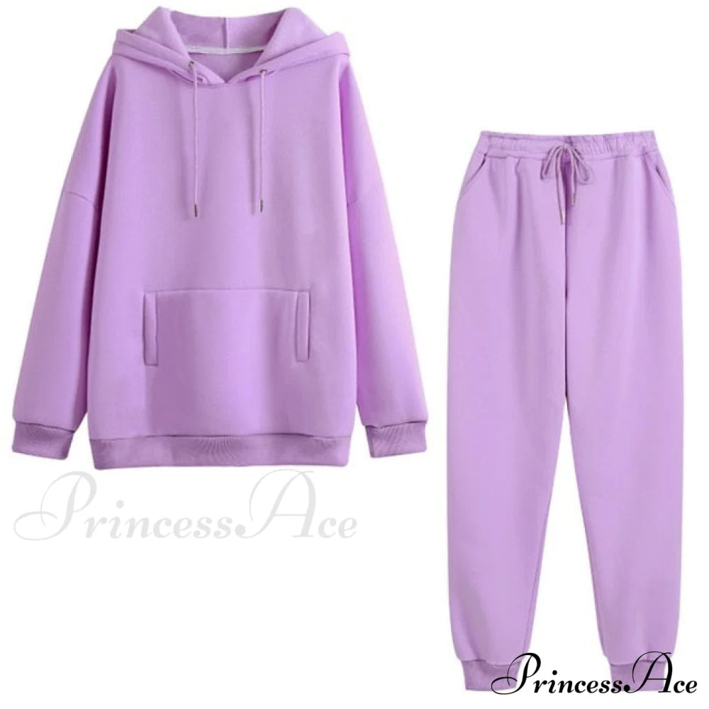 Hoodie Jogger And Set With Women’s Tracksuit - Solid Oversized Fleece Autumn Pants Purple / S