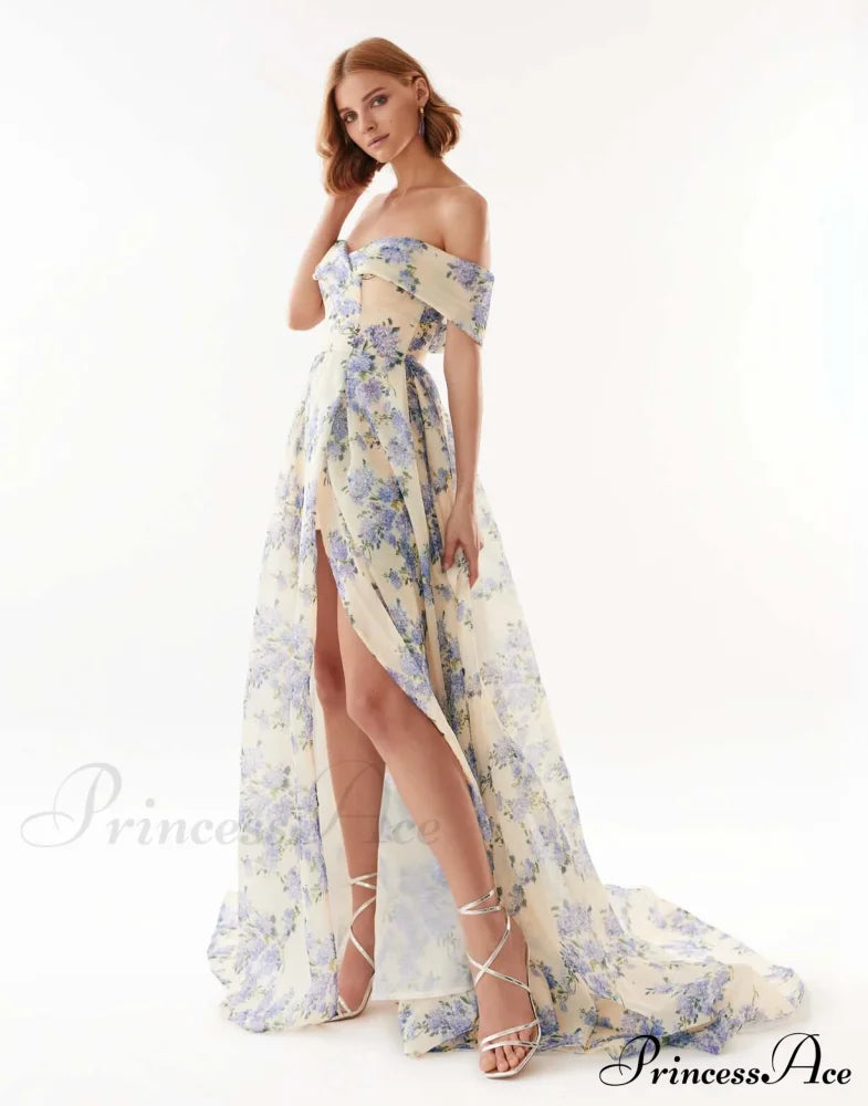 Hydrangea Chic Off-The-Shoulder Charming Floral Maxi Dress