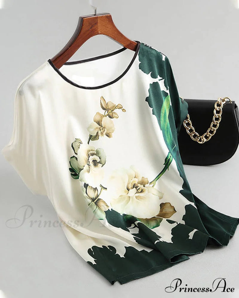 Printed ice silk short-sleeved t-shirt Green 23BF clothes Short Sleeve Tops T-shirts Tops/Blouses