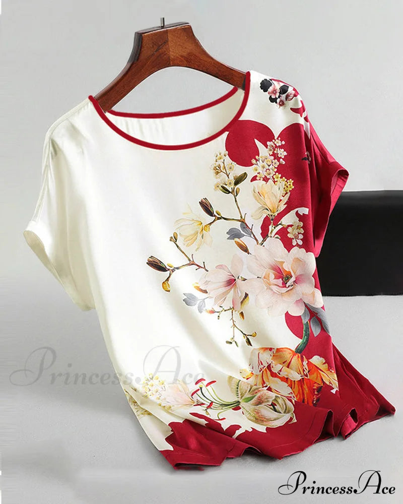 Printed ice silk short-sleeved t-shirt Red 23BF clothes Short Sleeve Tops T-shirts Tops/Blouses
