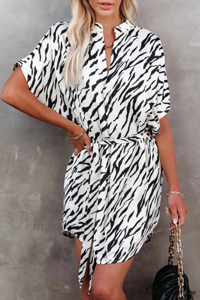 Irregular Loose Short Sleeve Shirt Dress With Zebra Print Zebra Print Shirt Dress