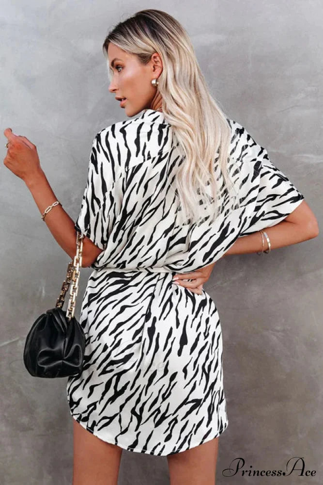 Irregular Loose Short Sleeve Shirt Dress With Zebra Print Zebra Print Shirt Dress