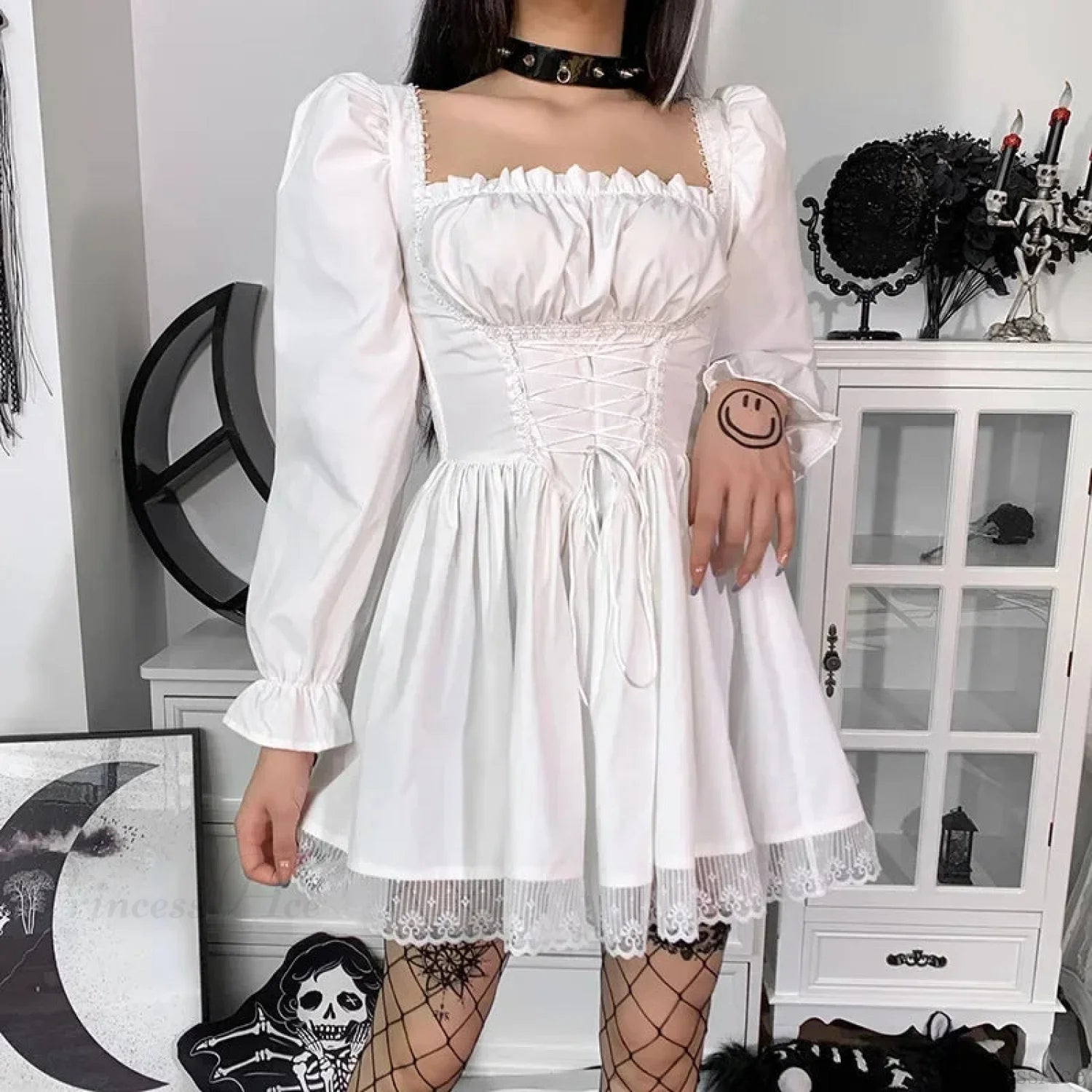 Ivory Lace Puff Small Dress white / S