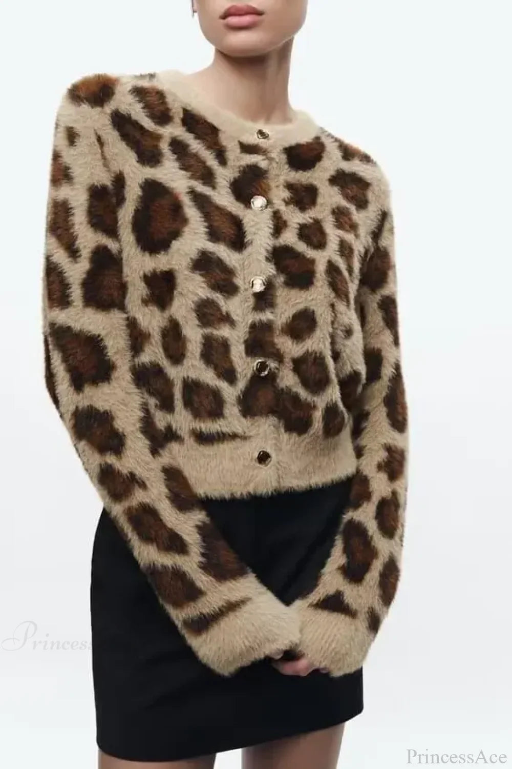 Jacquard Artificial Fur Leopard Pattern Cardigan Khaki / S