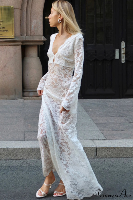 Jacquard Sheer Lace Sexy Bodycon Maxi Dress