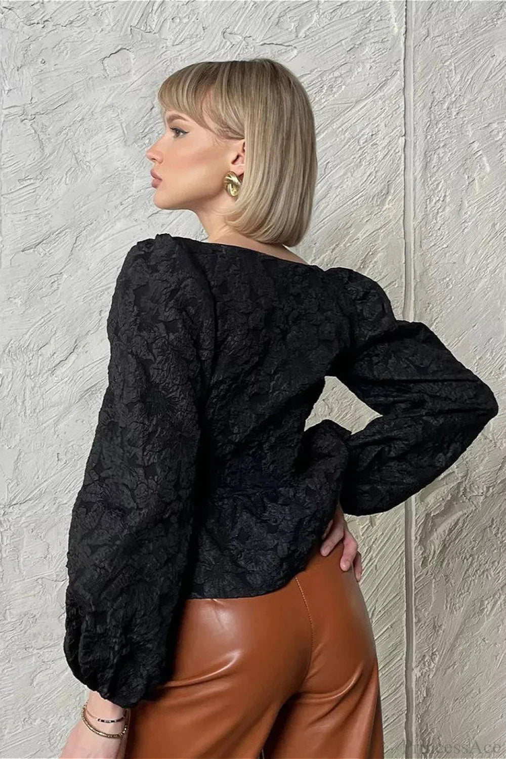 Jacquard Sophisticated Square Neck Puff Sleeve Blouse