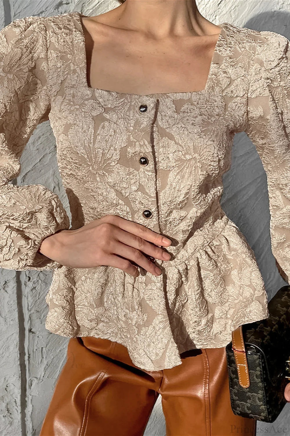 Jacquard Sophisticated Square Neck Puff Sleeve Blouse