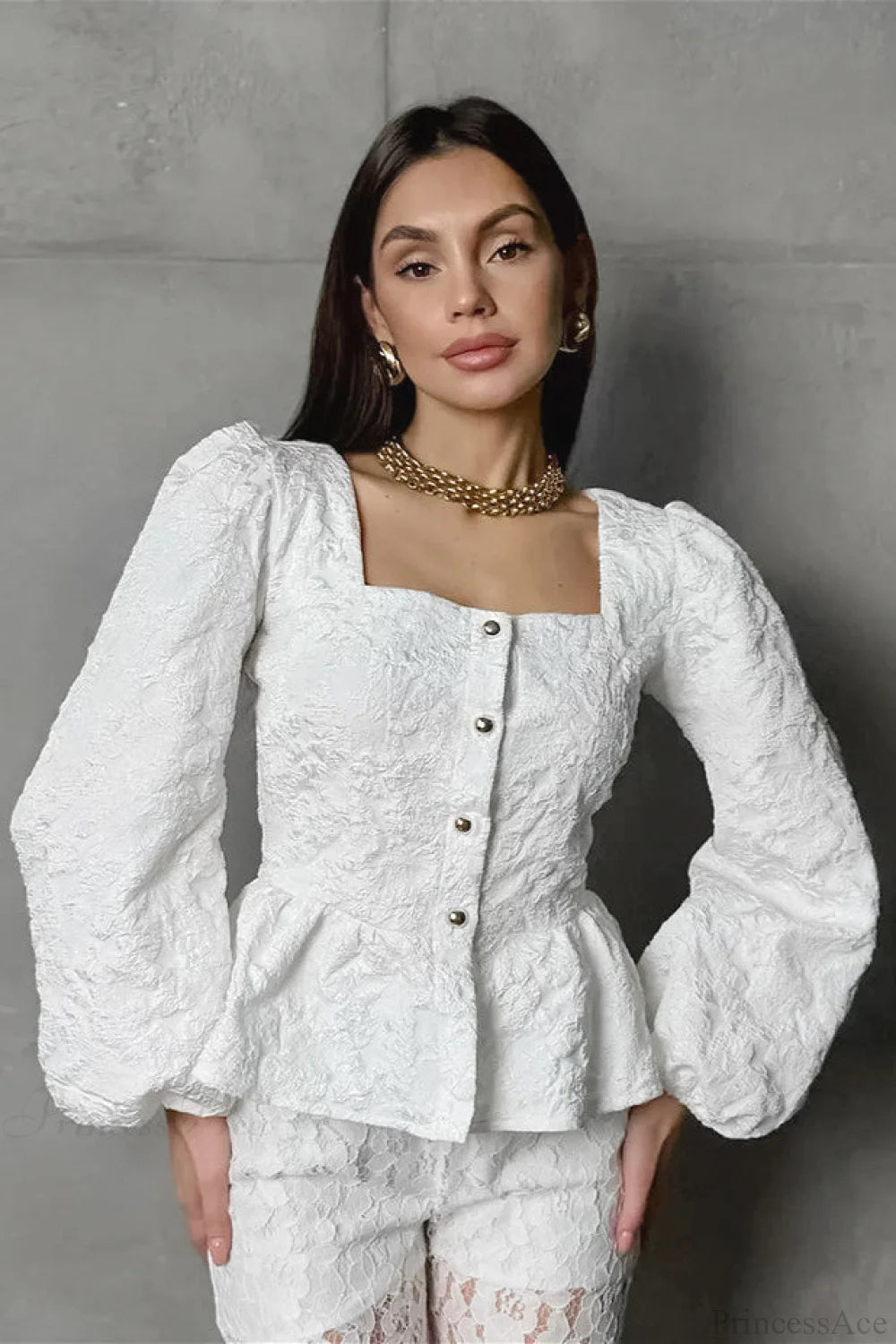 Jacquard Sophisticated Square Neck Puff Sleeve Blouse White / S