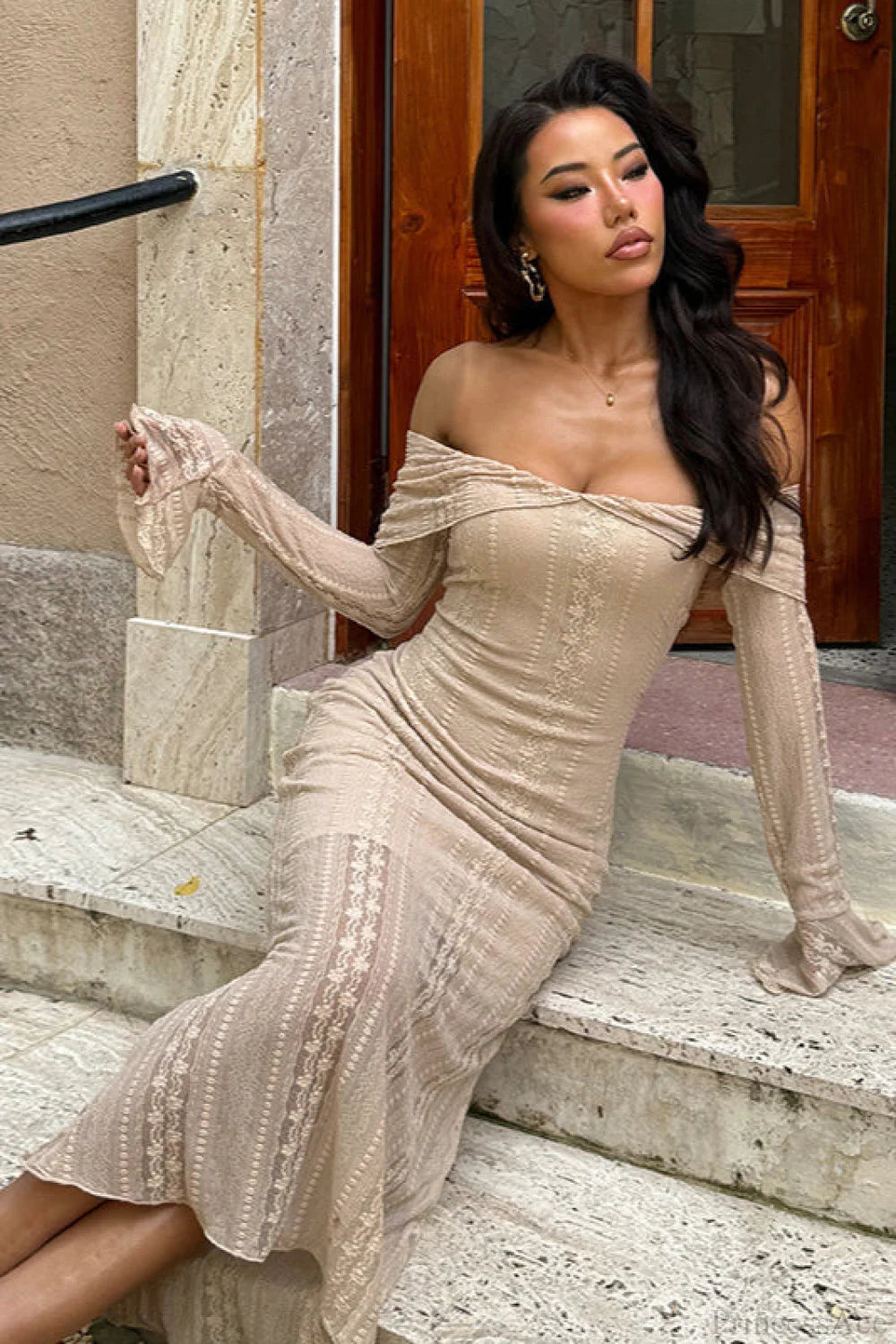 Jacquard Waist Cinched Off Shoulder Bodycon Maxi Dress