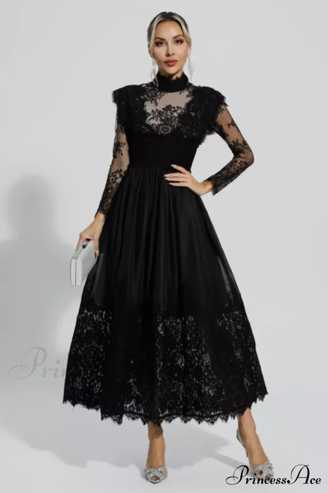 Jamie Black Floral Charming Lace Stitching Dress