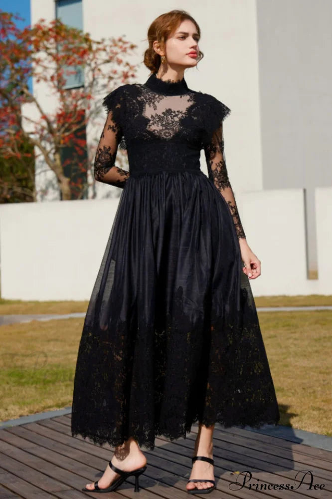 Jamie Black Floral Charming Lace Stitching Dress