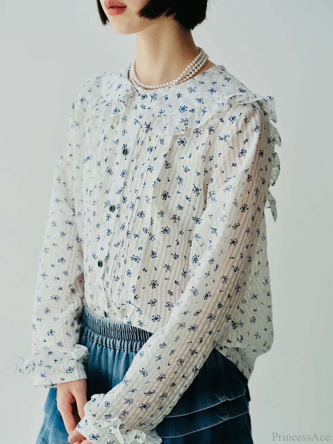 Japanese Floral Navy Collar Long Sleeve Shirt white / S blouse-250126