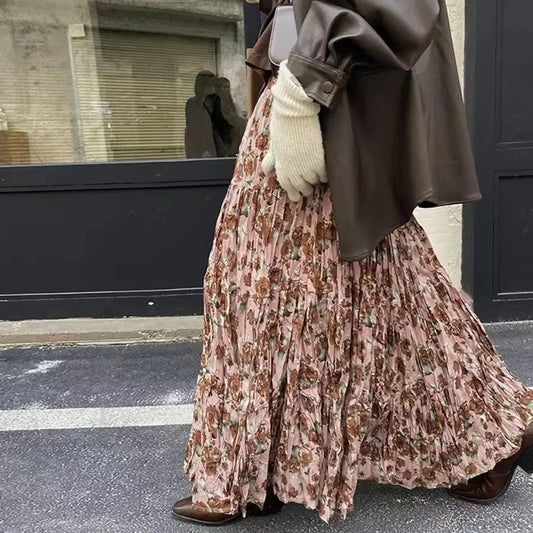 Kawaii Bohemian Floral Maxi Skirt Summer Retro Romantic khaki / One Size skirt-250126