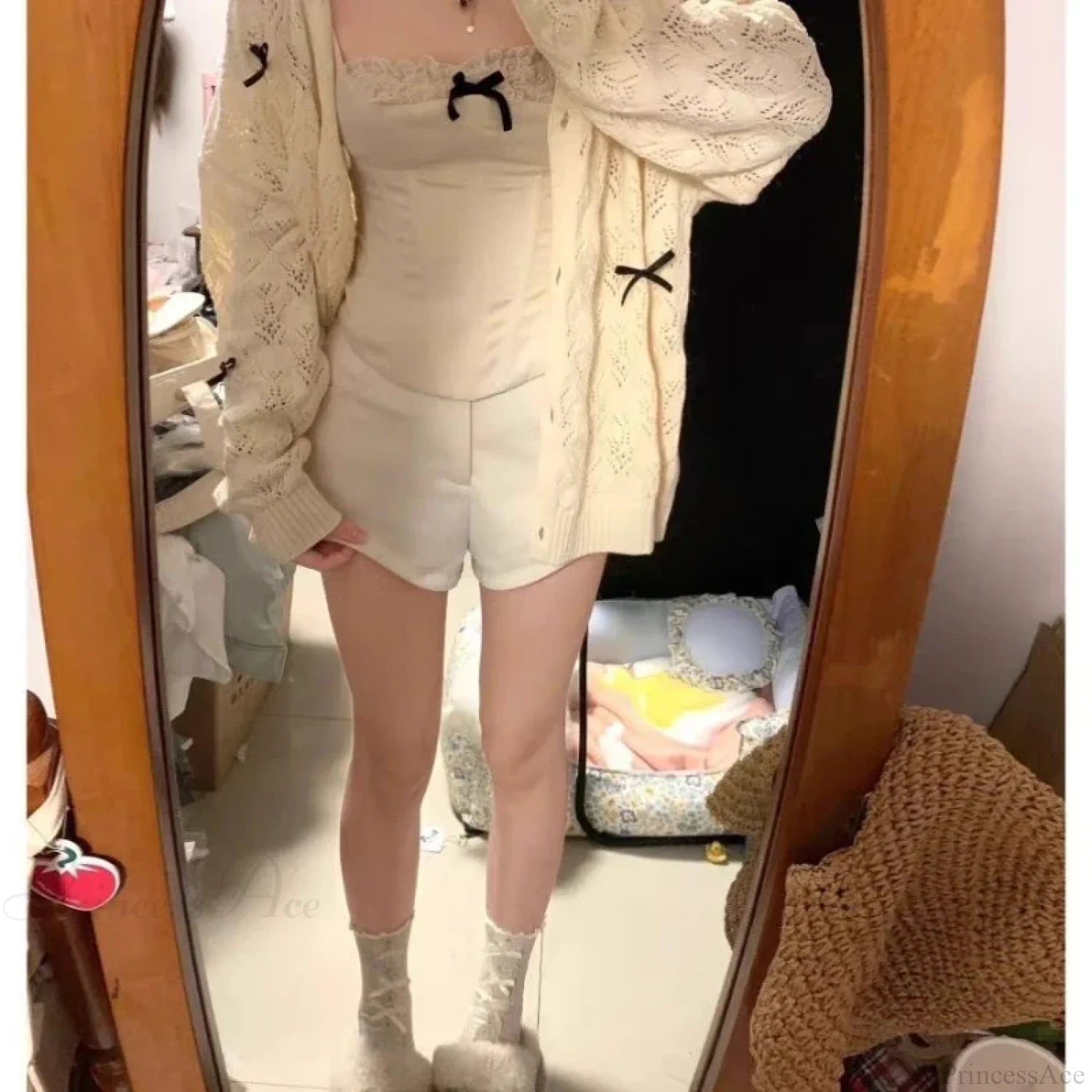 Kawaii Bow Hollow Out Solid Knit Cardigan cardiagn-250126