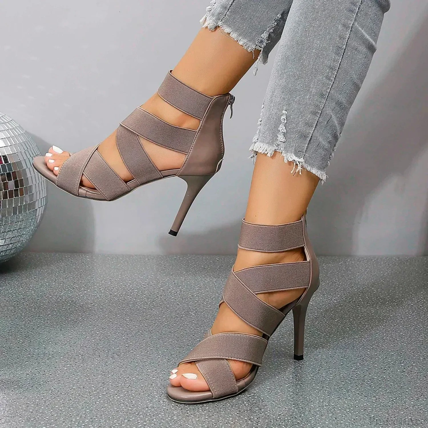Khaki Beige Thin High Heels Sandals Women Summer Sexy Elastic Band Crossing Wedding Heel