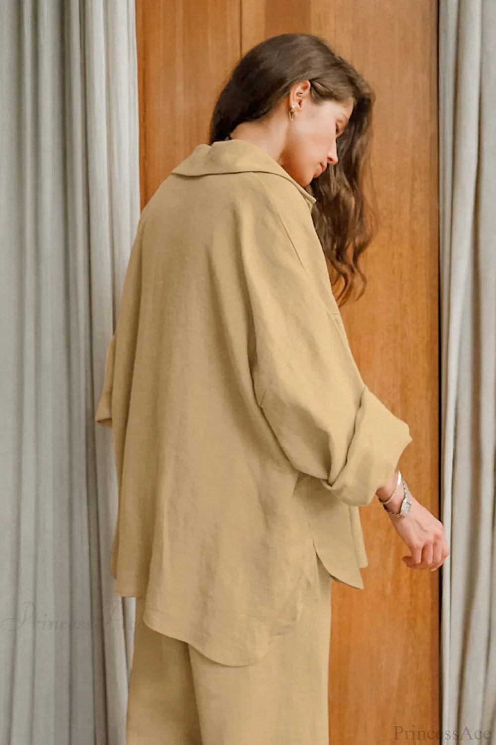 Khaki Cotton Linen Relaxed Long Sleeve Two Piece Set