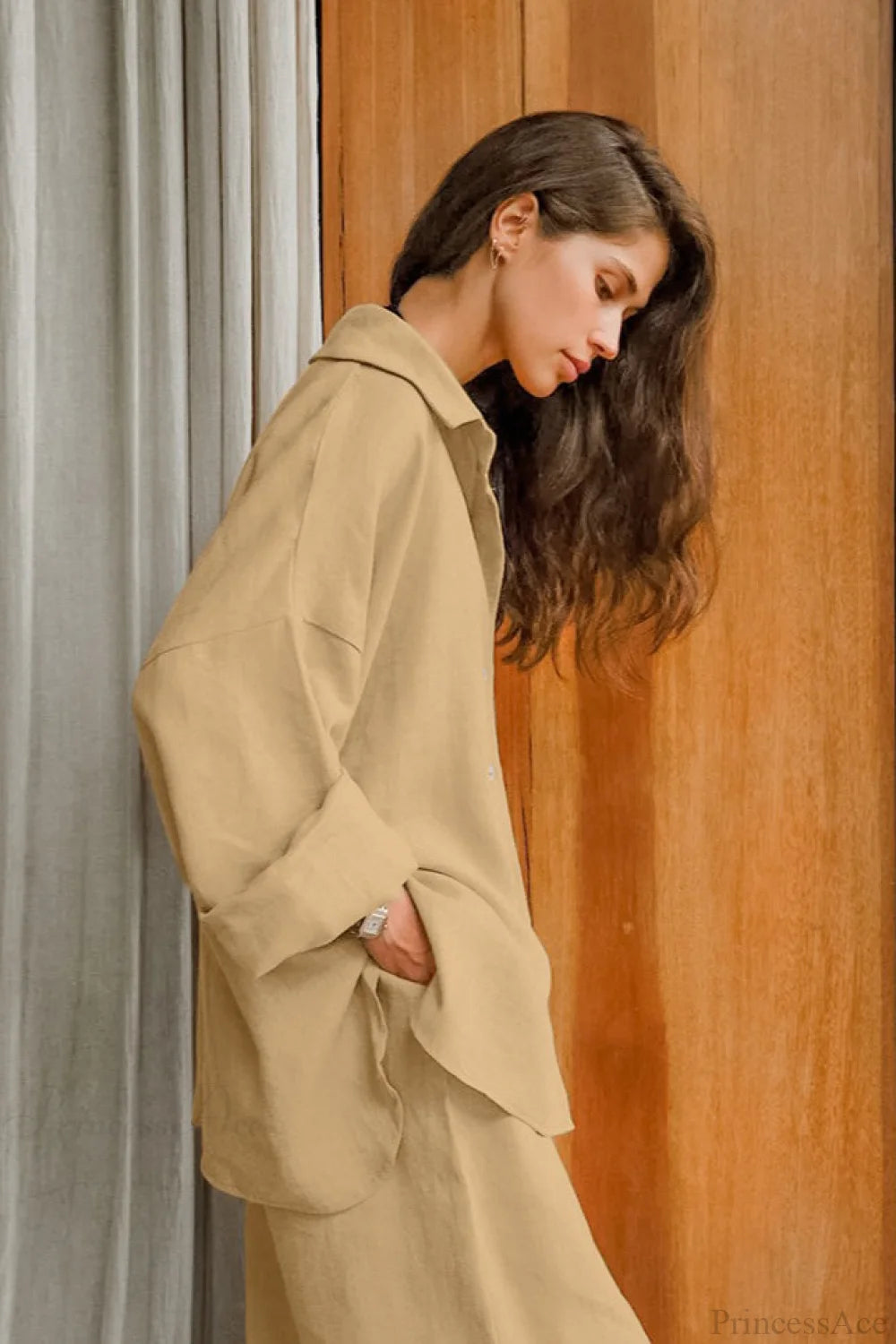 Khaki Cotton Linen Relaxed Long Sleeve Two Piece Set