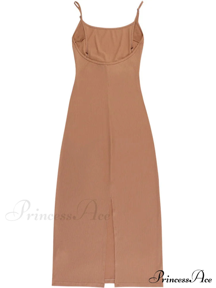 Khaki Midi Bodycon Dress With Spaghetti Straps And Ruched Detail M / Khaki Bodycon Midi Dress