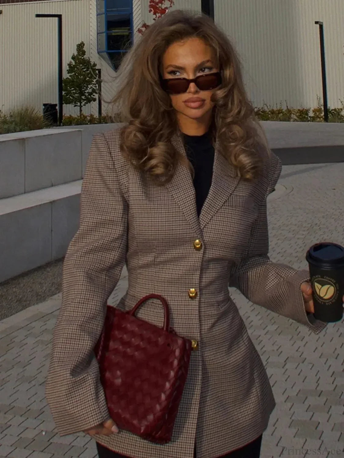 Khaki Plaid Suit Coat Plaid / S