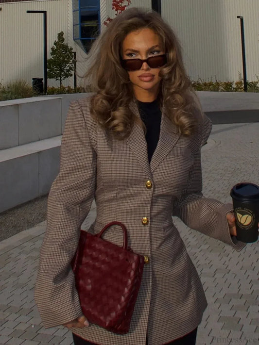 Khaki Plaid Suit Coat Plaid / S