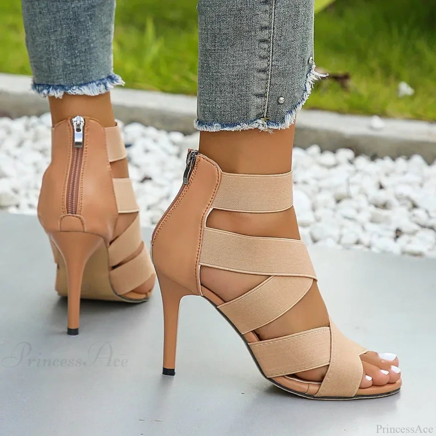 Khaki Super High Heel Sandals Sexy Open Toes Elastic Broadband Zipper Gladiator Party Wedding