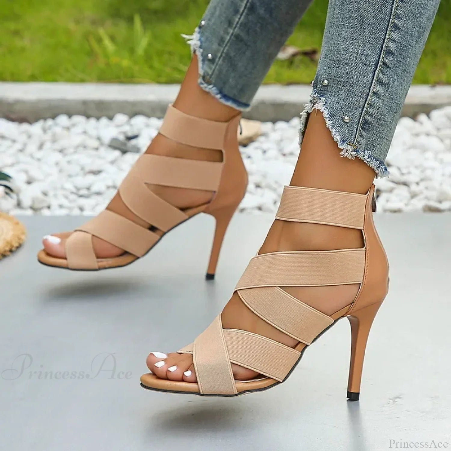 Khaki Super High Heel Sandals Sexy Open Toes Elastic Broadband Zipper Gladiator Party Wedding