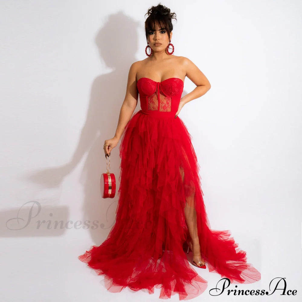 Kim Mesh Corset Charming Tulle Formal Dress Red / S S.o. Long Dresses