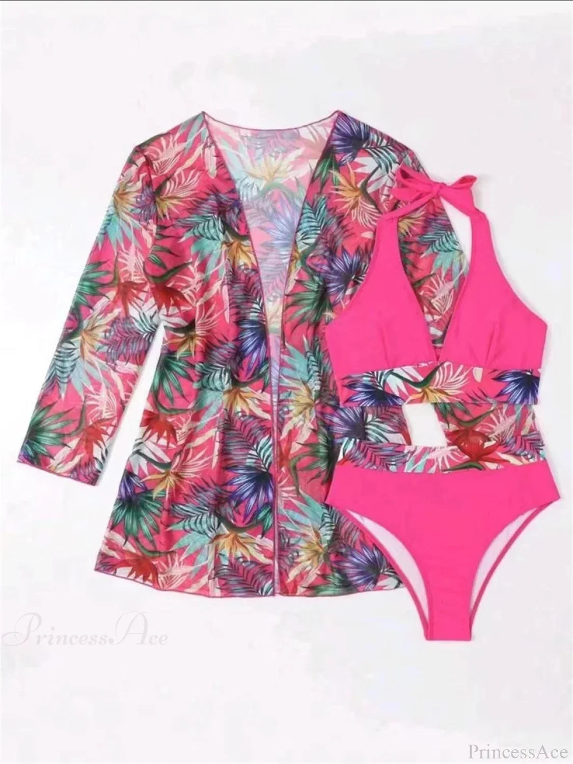 Kimono Halter High Waist Three Two Piece Set Pink Red / S